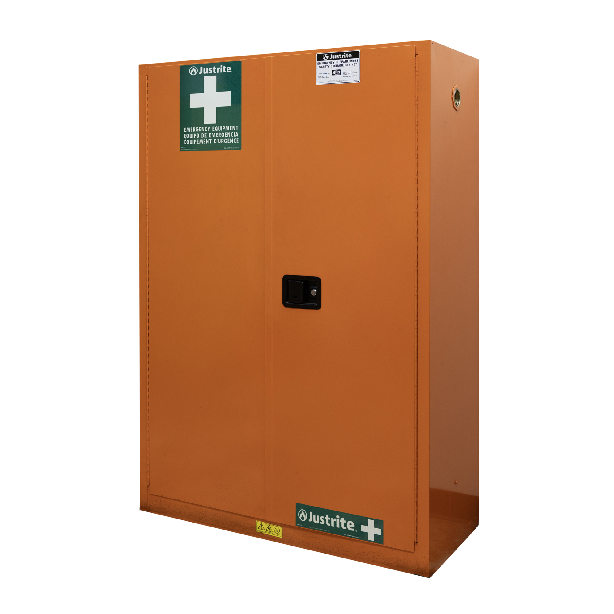 Justrite Emergency Preparedness Cabinet — 4 Shelves, 2 Doors, Manual Close, Fire-Resistant, Glow-in-the-Dark Labels, Orange, Model# 860001
